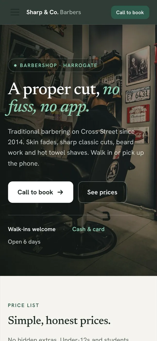 The same example website shown on a phone